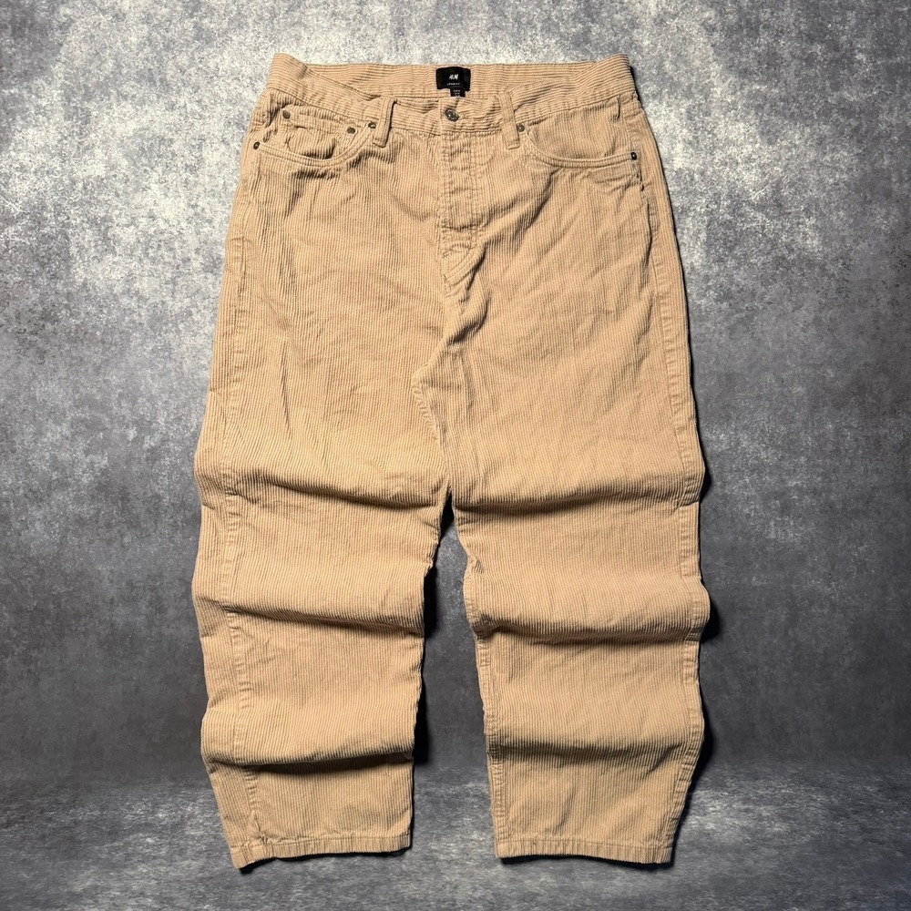 HM Mens Loose‎ Fit Corduroy Pants Beige Tan Size 34 Wide Leg Skate Baggy